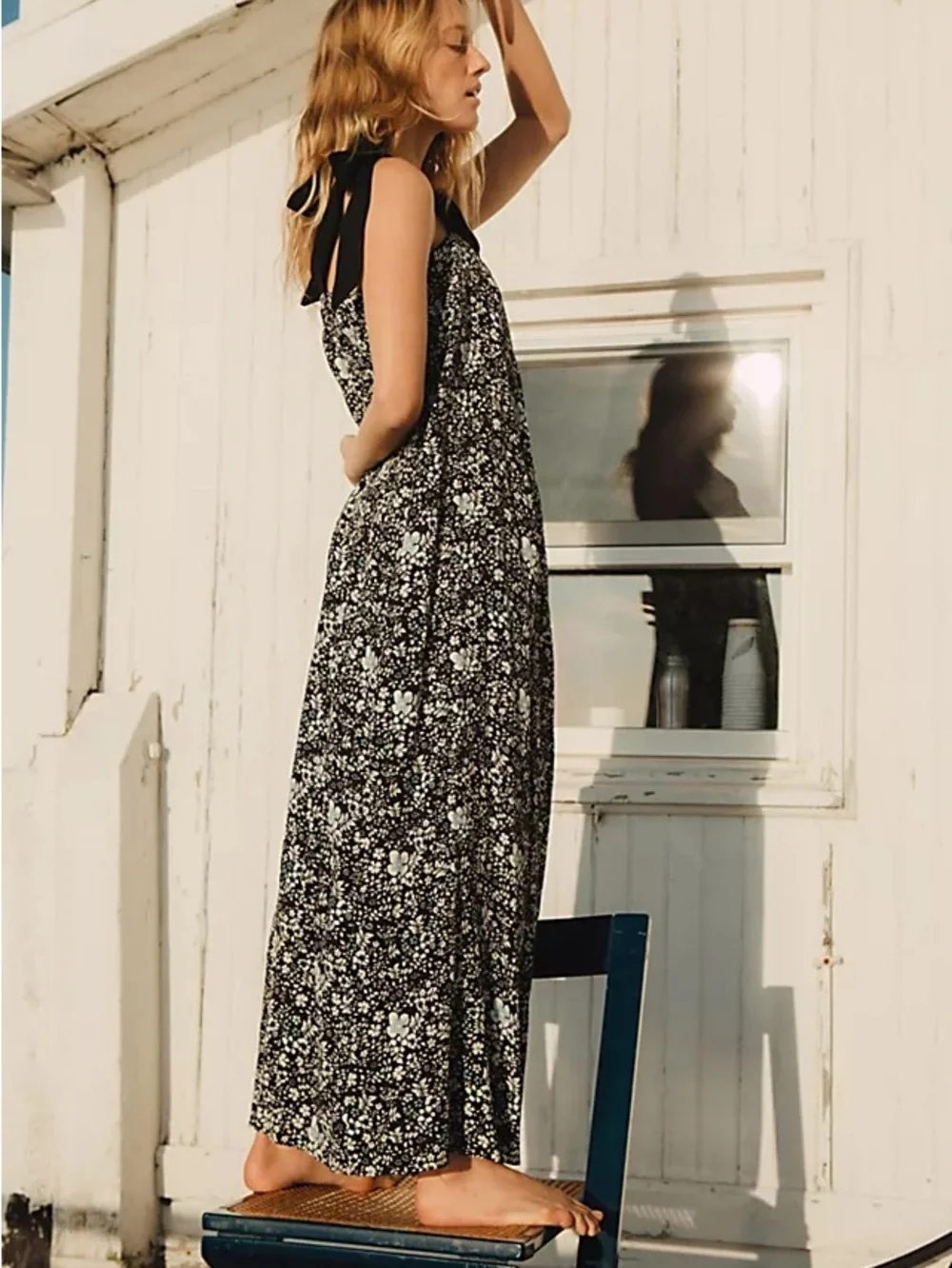 Free People Small Black Floral Cecilia Shoulder Tie Wide Leg Jumpsuit Bohemian